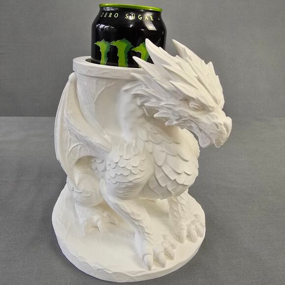 Energy Drink Soda Pop Can Holder White Winged Dragon Textured Functional Fantasy - Picture 1 of 10